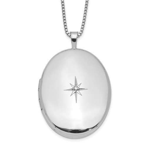 Sterling Silver Rhodium-plated Polished Front Satin Back Diamond Star 26mm Oval Locket Necklace, 18"