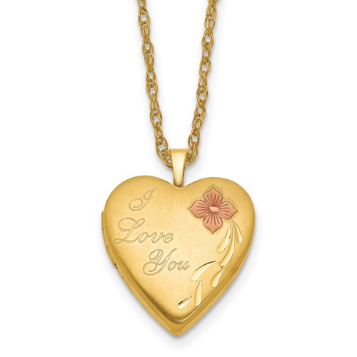 1/20 14K Gold Filled Satin Pink Enameled Flower I LOVE YOU 20mm Heart Locket 18 inch Necklace