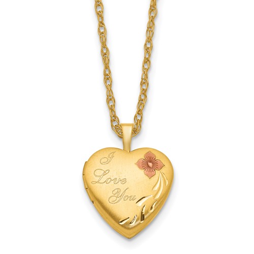 1/20 14K Gold Filled Satin Pink Enameled Flower I LOVE YOU 16mm Heart Locket 18 inch Necklace