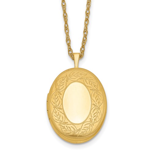 1/20 14K Gold Filled Satin and Polished Leaf Border 26mm Oval Locket 18 inch Necklace