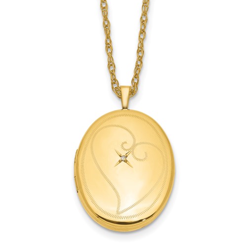 1/20 14K Gold Filled Polished Front/Satin Back Diamond in Heart 26mm Oval Locket 18 inch Necklace