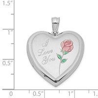Sterling Silver Rhodium-plated Pink and Green Enameled Rose with I Love You 24mm Heart Locket view 4