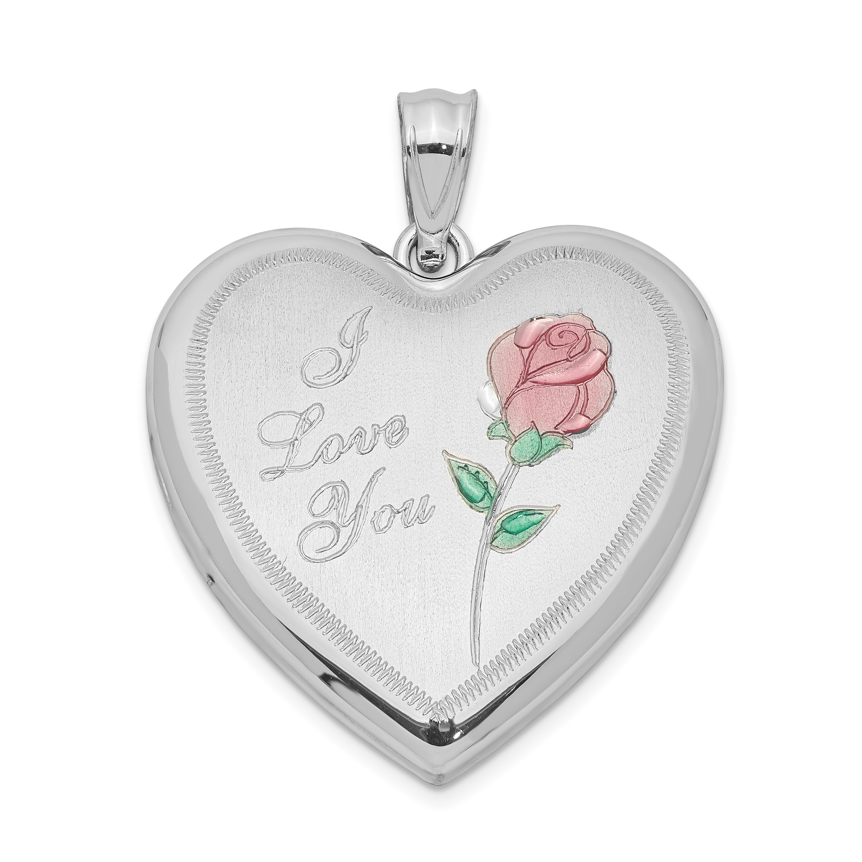 Sterling Silver Rhodium-plated 24mm Enameled Rose Heart Locket (QLS305)