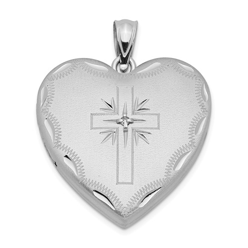 Sterling Silver Rhodium-plated Diamond-cut Satin Diamond Cross 24mm Heart Locket