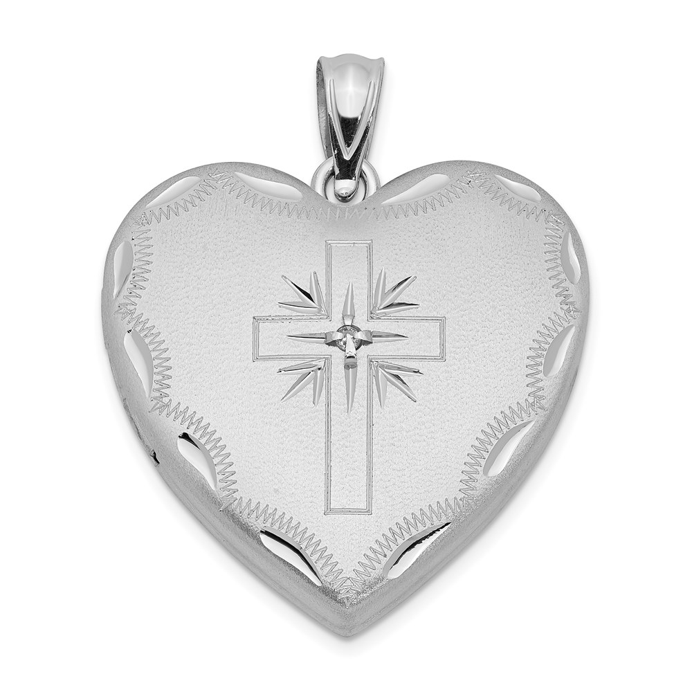 Sterling Silver Rhodium-plated 24mm w/ Dia. Cross Design Family Heart Locke