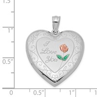 Sterling Silver Rhodium-plated Pink and Green Enameled Rose with Border I Love You 24mm Heart Locket view 4
