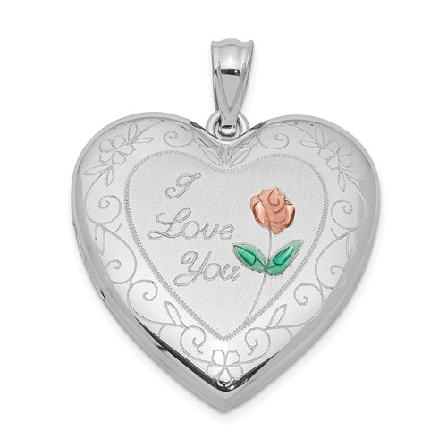 Sterling Silver Rhodium-plated Pink and Green Enameled Rose with Border I Love You 24mm Heart Locket