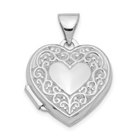 Sterling Silver Rhodium-plated Polished Scroll Border Plain Back 15mm Heart Locket view 1