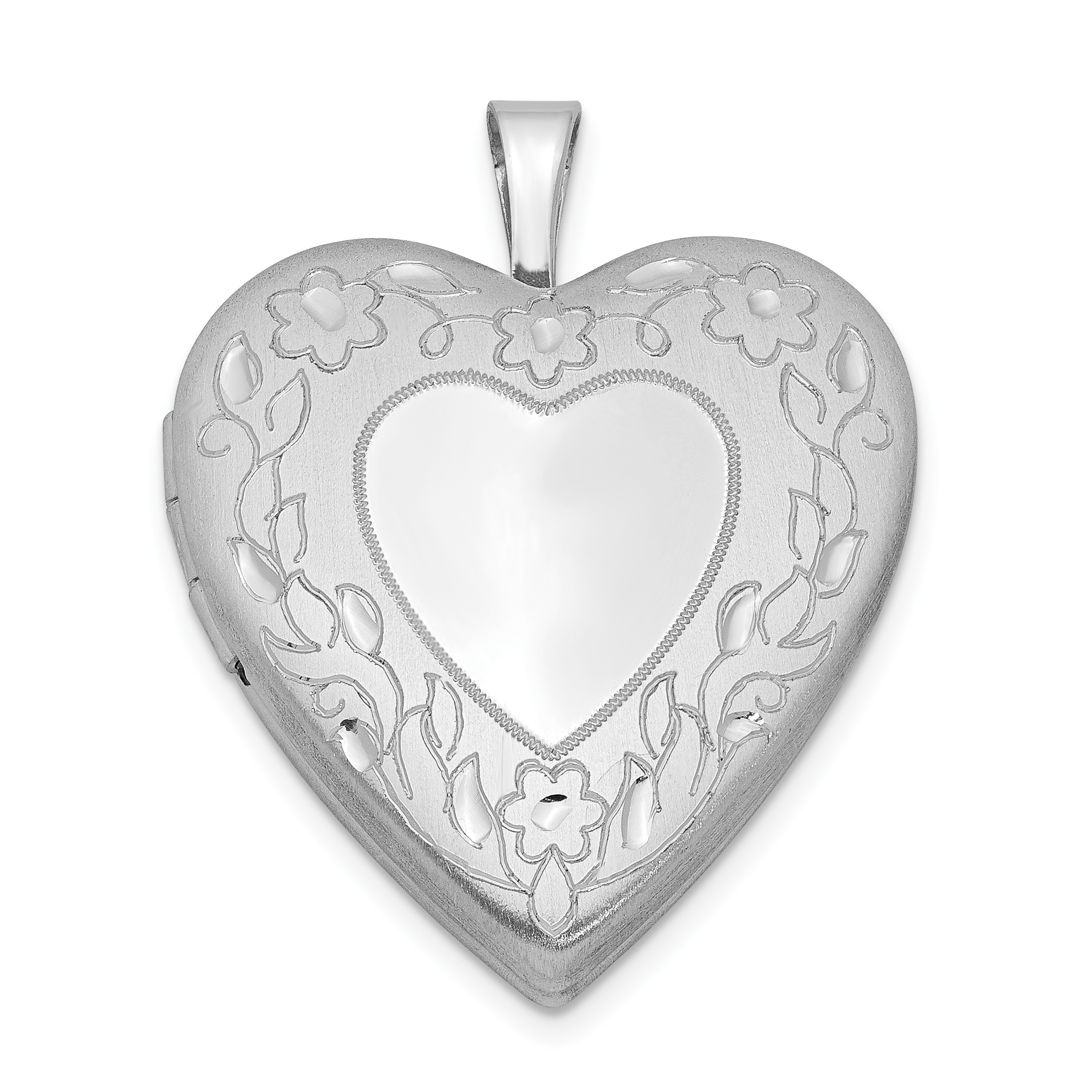 Sterling Silver Rhodium-plated 20mm Floral Border Heart Locket (QLS320)