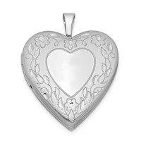 Sterling Silver Rhodium-plated Polished and Satin Diamond-cut Floral Border 20mm Heart Locket view 1