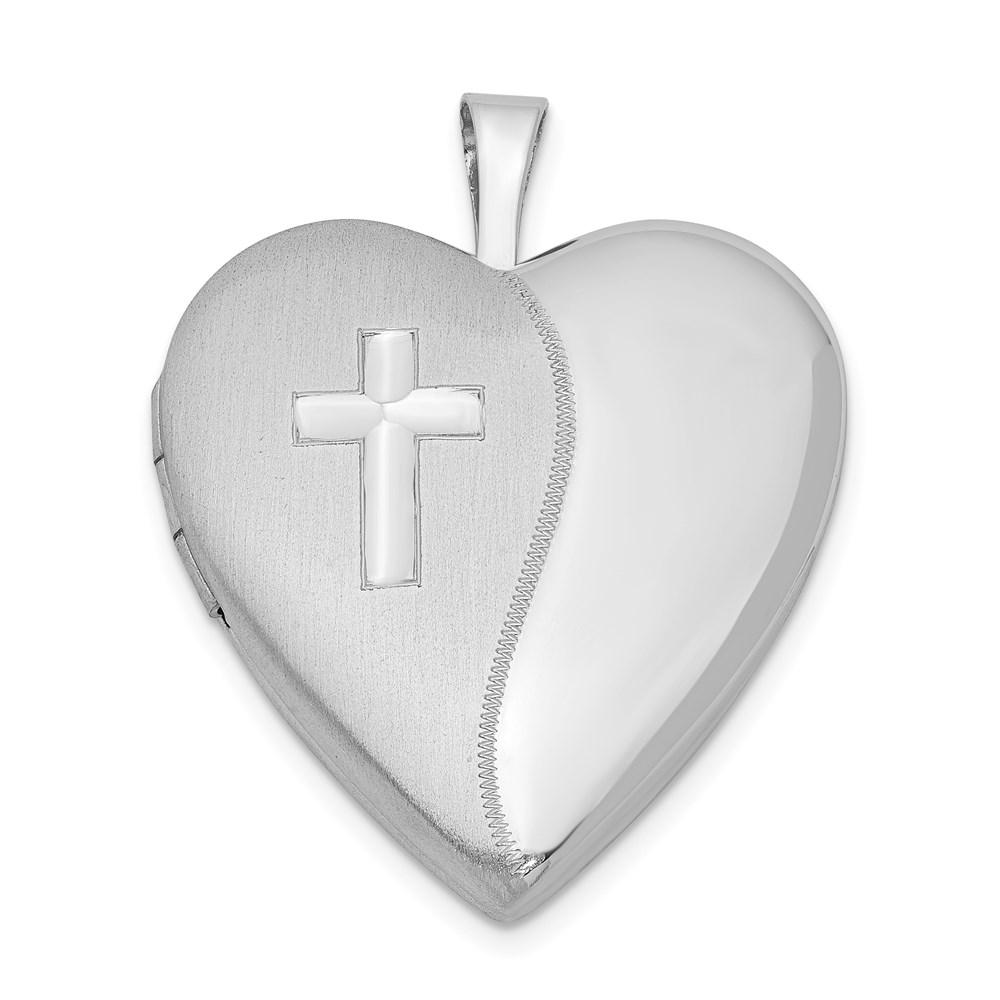 Sterling Silver Rhodium-plated 20mm Cross Satin/Polished Heart Locket