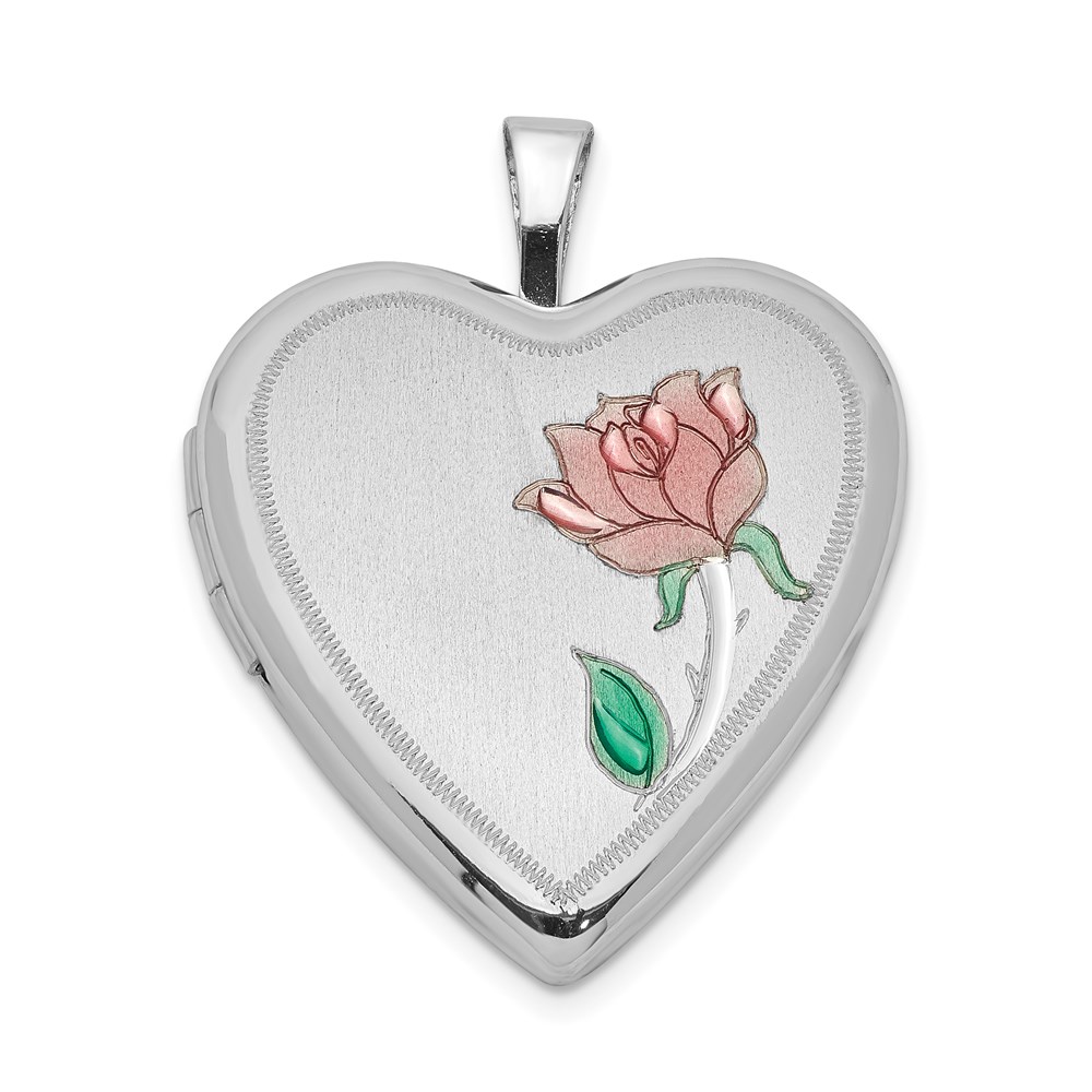 Sterling Silver Rhodium-plated 20mm Enameled Flower Heart Locket