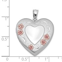 Sterling Silver Rhodium-plated Pink Enameled Floral Border 24mm Heart Locket view 4