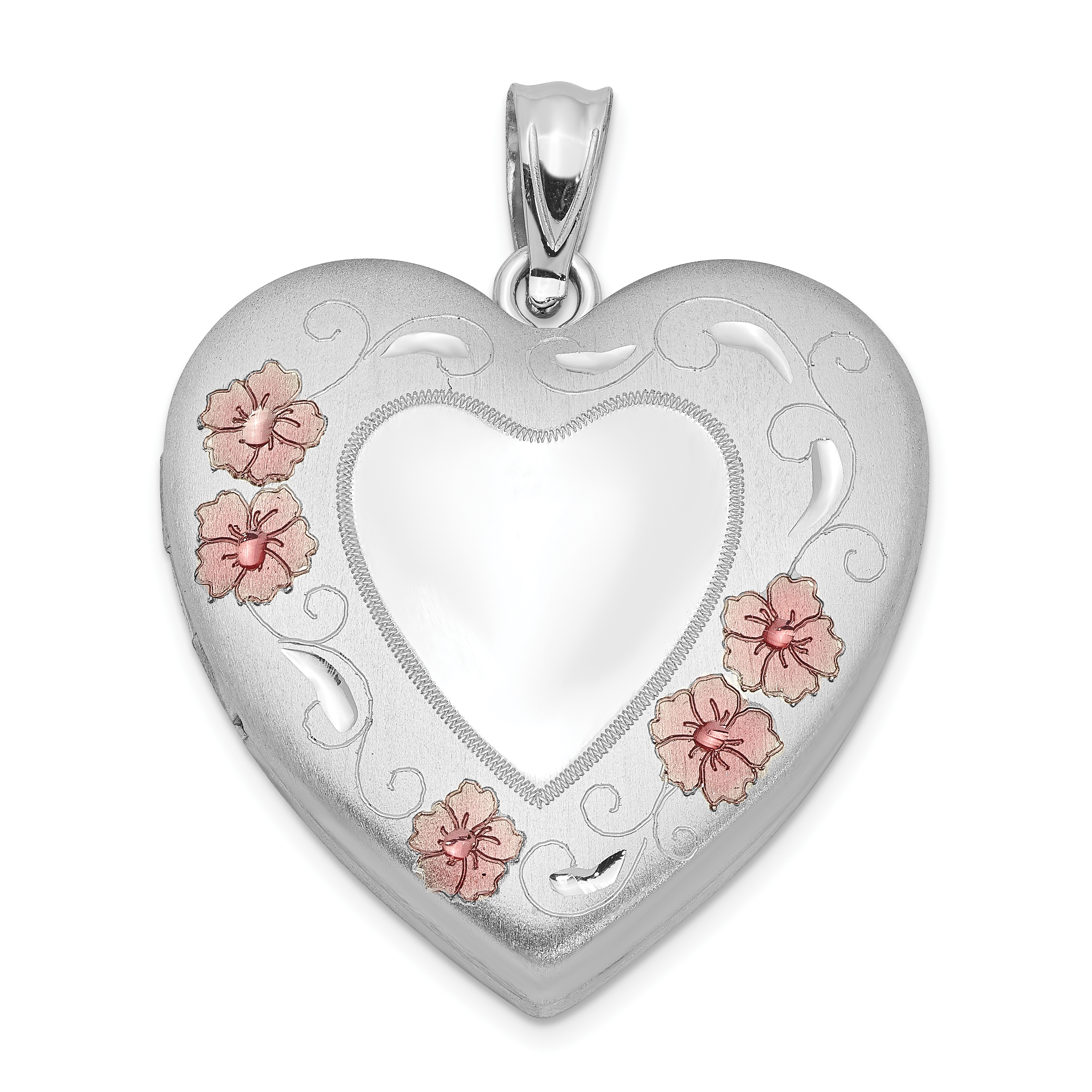 Sterling Silver Rhodium-plated 24mm Enameled Floral Border Heart Locket (QLS327)