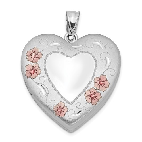 Sterling Silver Rhodium-plated Pink Enameled Floral Border 24mm Heart Locket