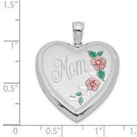 Sterling Silver Rhodium-plated Pink and Green Enameled Floral with Mom 24mm Heart Locket view 4