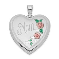 Sterling Silver Rhodium-plated Pink and Green Enameled Floral with Mom 24mm Heart Locket view 1