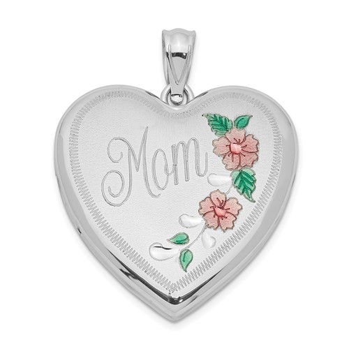 Sterling Silver Rhodium-plated Pink and Green Enameled Floral with Mom 24mm Heart Locket
