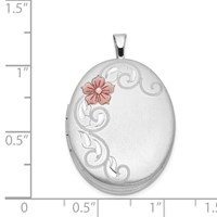 Sterling Silver Rhodium-plated Satin Pink Enameled Flower Scroll 26mm Oval Locket view 4