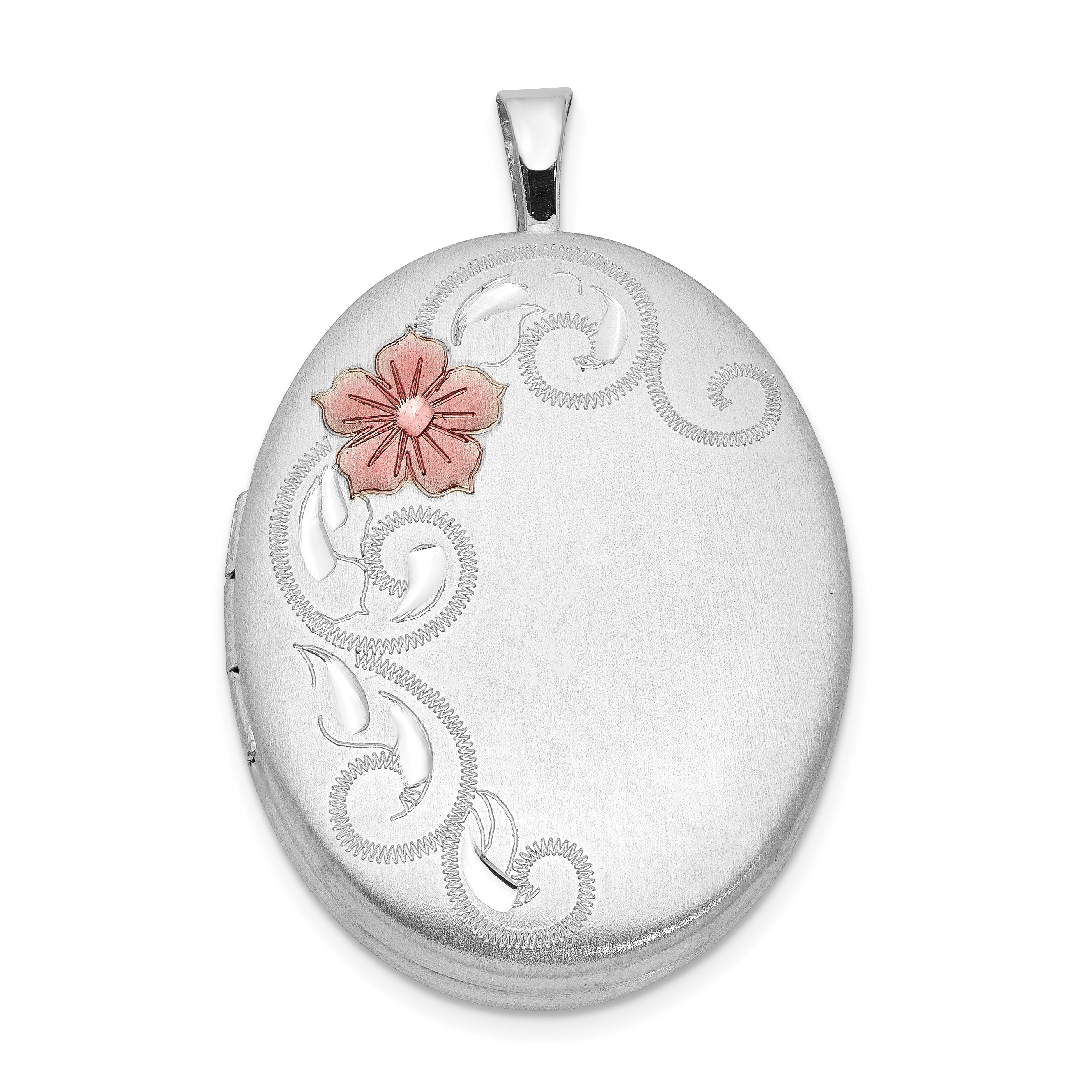 Sterling Silver Rhod-plated 26mm Satin Enameled Flower Scroll Oval Locket (QLS331)