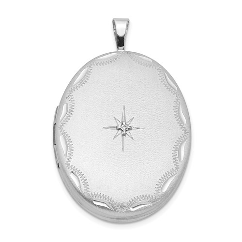 Sterling Silver Rhodium-plated Diamond Star Scalloped Border 26mm Oval Locket