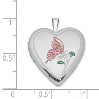 Sterling Silver Rhodium-plated Pink and Green Enameled Butterfly with Flower 20mm Heart Locket view 4