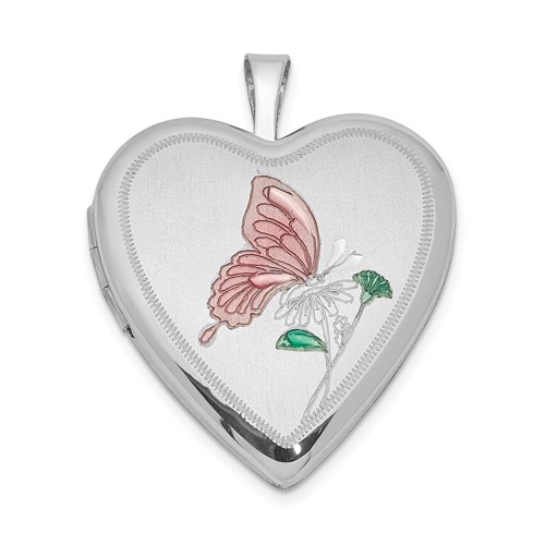 Sterling Silver Rhodium-plated Pink and Green Enameled Butterfly with Flower 20mm Heart Locket