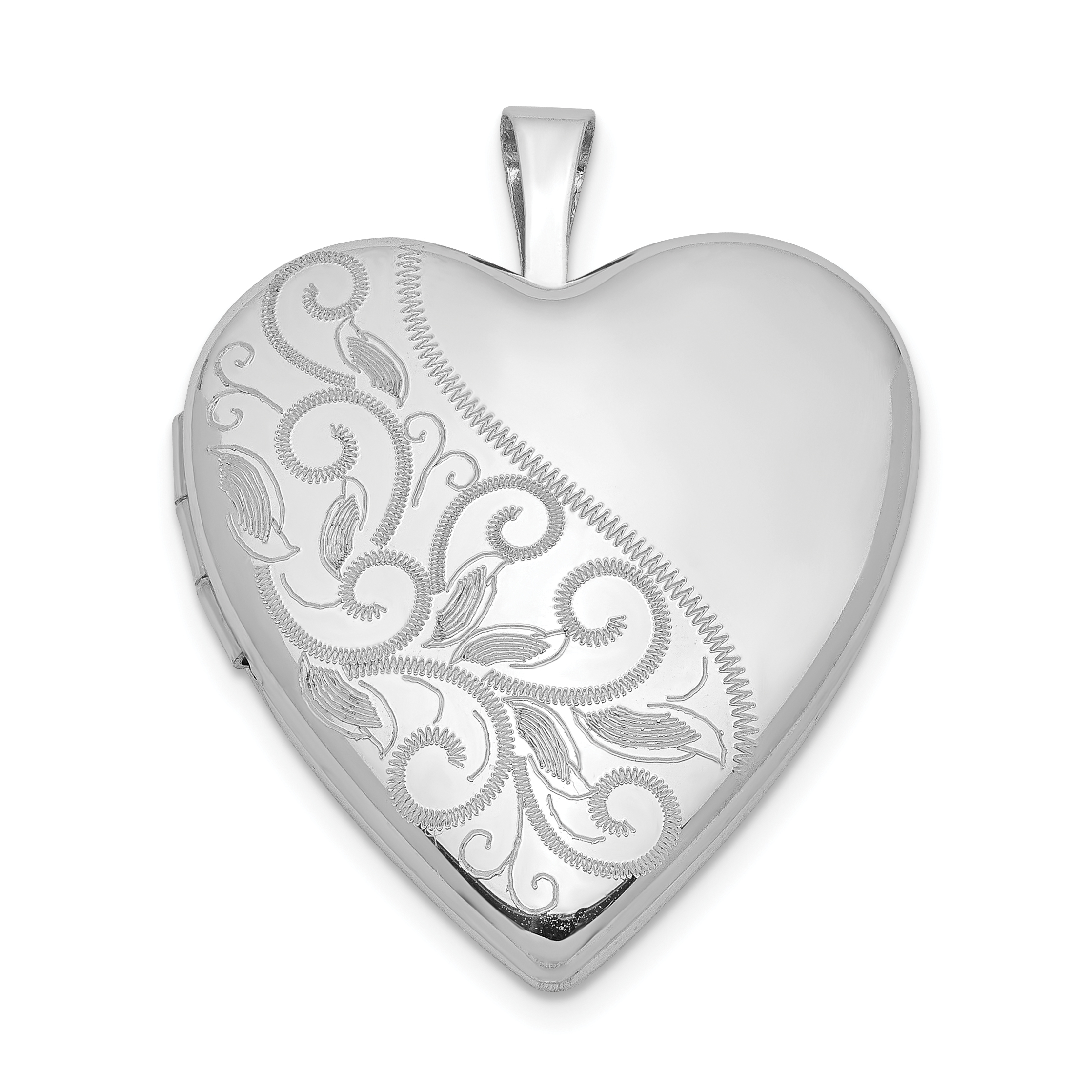 Sterling Silver Rhodium-plated 20mm Swirl & Polished Heart Locket (QLS345)