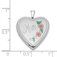 Sterling Silver Rhodium-plated Pink and Green Enameled Floral with Mom 20mm Heart Locket view 4
