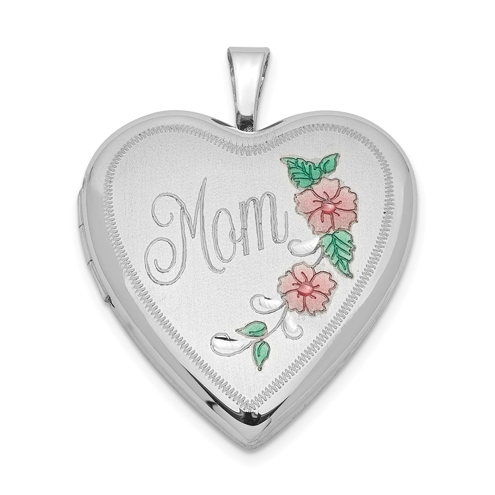 Sterling Silver Rhodium-plated 20mm Enameled Floral Mom Heart Locket (QLS347)