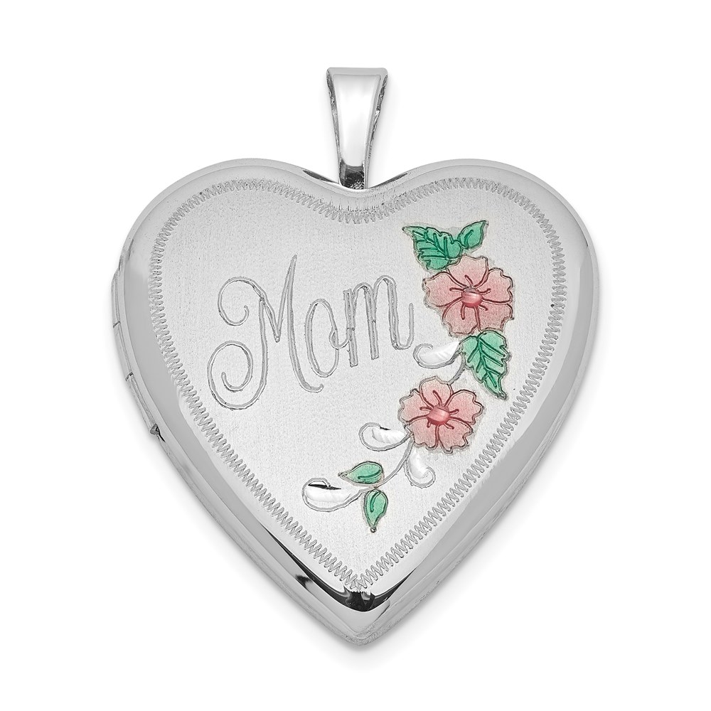 Sterling Silver Rhodium-plated 20mm Enameled Floral Mom Heart Locket