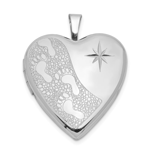 Sterling Silver Rhodium-plated 20mm D C Footprints Heart Locket