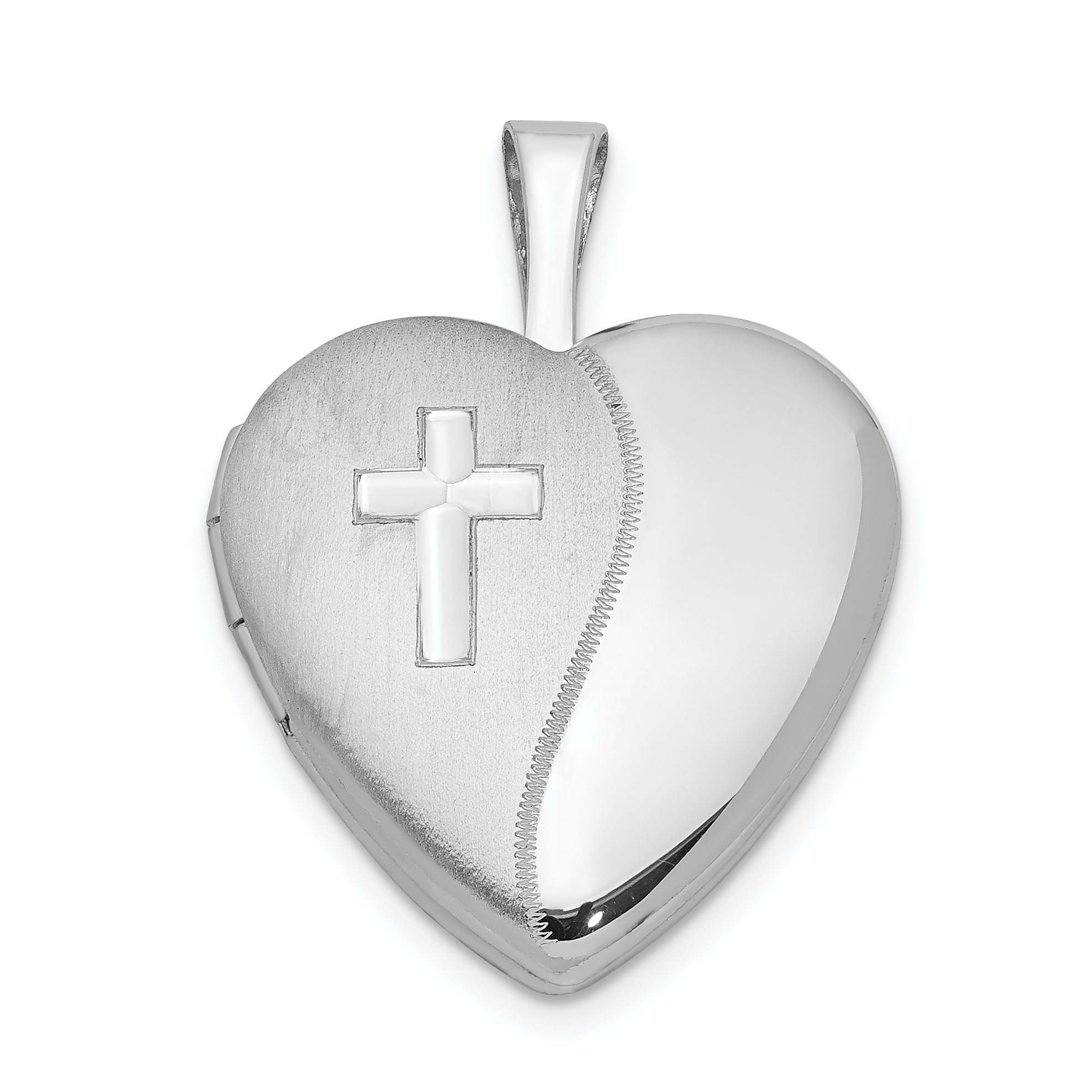 Sterling Silver Rhodium-plated 16mm Polished & Satin Cross Heart Locket (QLS380)