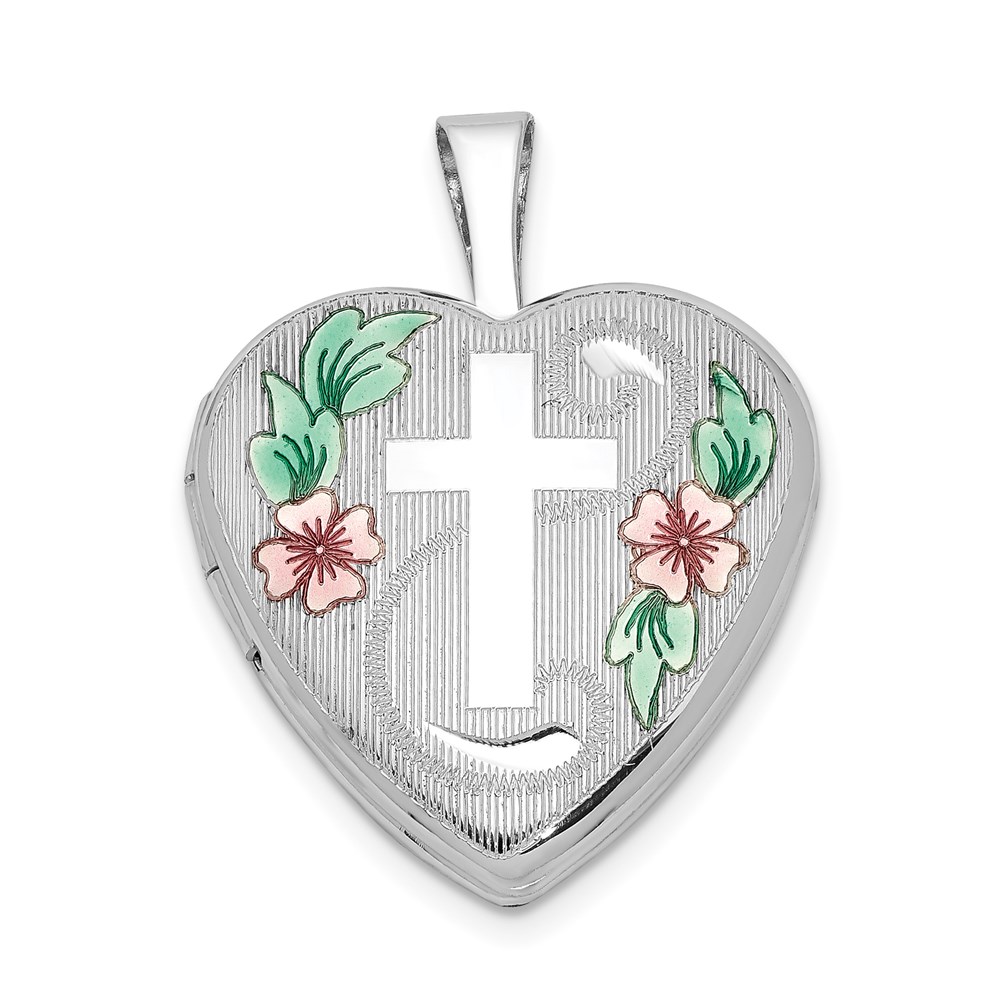 Sterling Silver Rhodium-plated 16mm D/C & Enameled Cross & Flowers Heart Lo