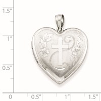 Sterling Silver Rhodium-plated Diamond-cut Cross and Flowers 24mm Heart Locket view 4