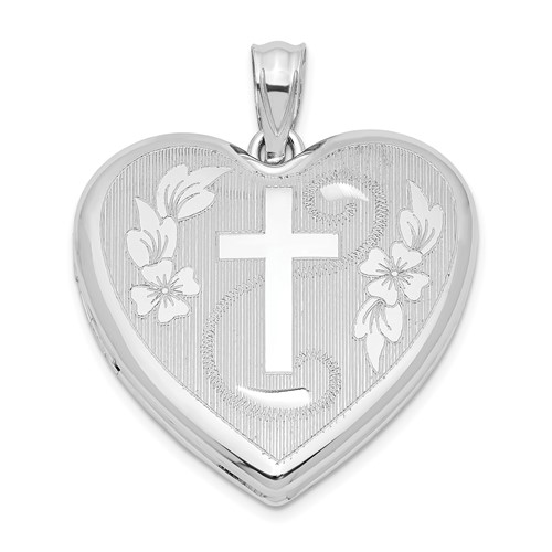 Sterling Silver Rhodium-plated Diamond-cut Cross and Flowers 24mm Heart Locket