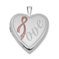 Sterling Silver Rhodium-plated 20mm Satin Pink Ribbon Love Heart Locket view 1