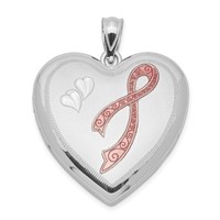 Sterling Silver Rhodium-plated 24mm Enameled D C Pink Ribbon Heart Locket view 1
