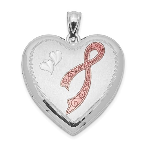 Sterling Silver Rhodium-plated 24mm Enameled D C Pink Ribbon Heart Locket