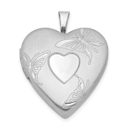 Sterling Silver Rhodium-plated Satin and Polished Diamond-cut Butterfly 20mm Heart Locket