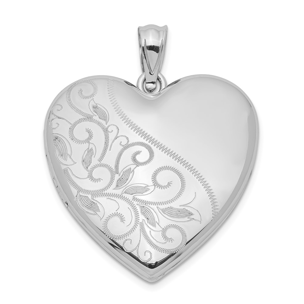 Sterling Silver Rhodium-plated Polished Front Satin Back Swirl Design 4-Photo 24mm Family Heart Locket