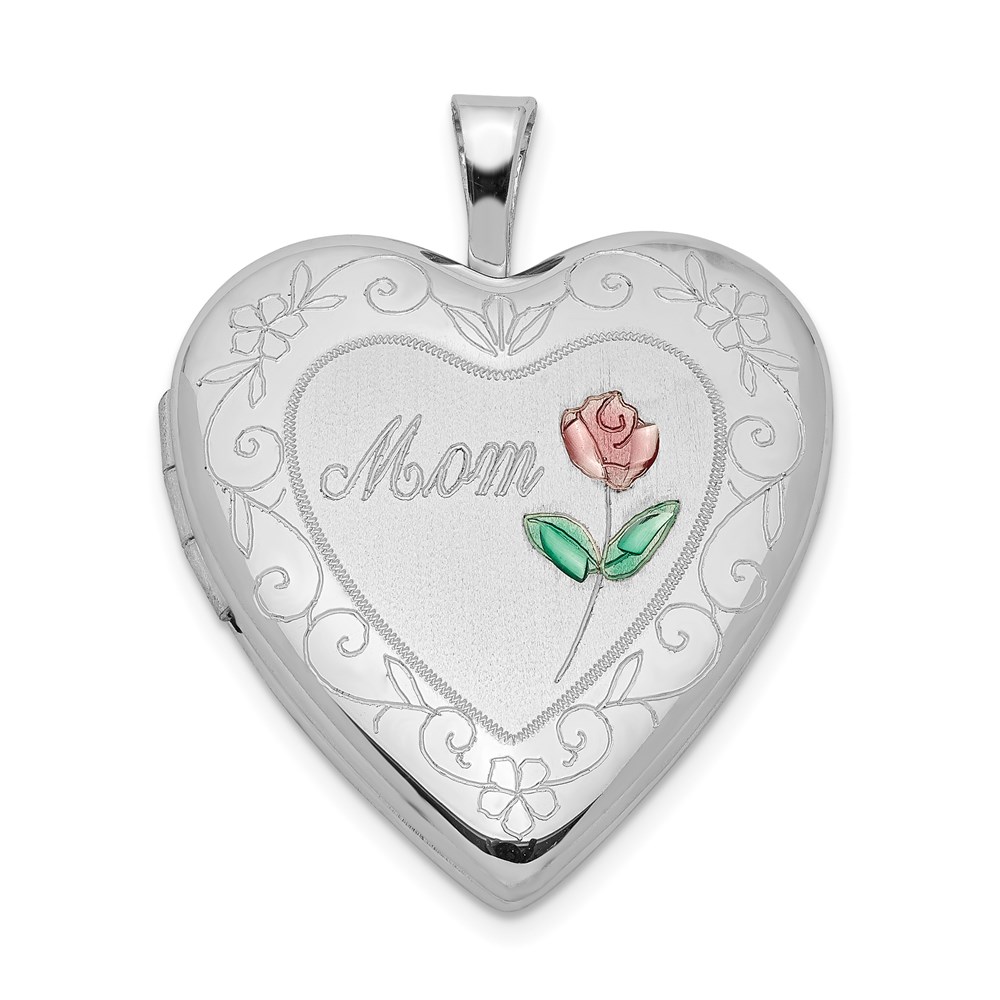 Sterling Silver Rhodium-plated 20mm D/C & Enameled Mom Heart Locket