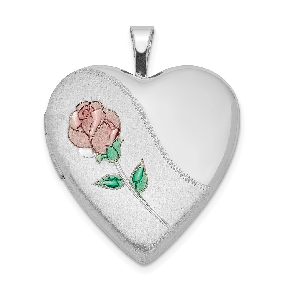 Sterling Silver Rhodium-plated 20mm Satin, Enameled, D/C Floral Heart Lock