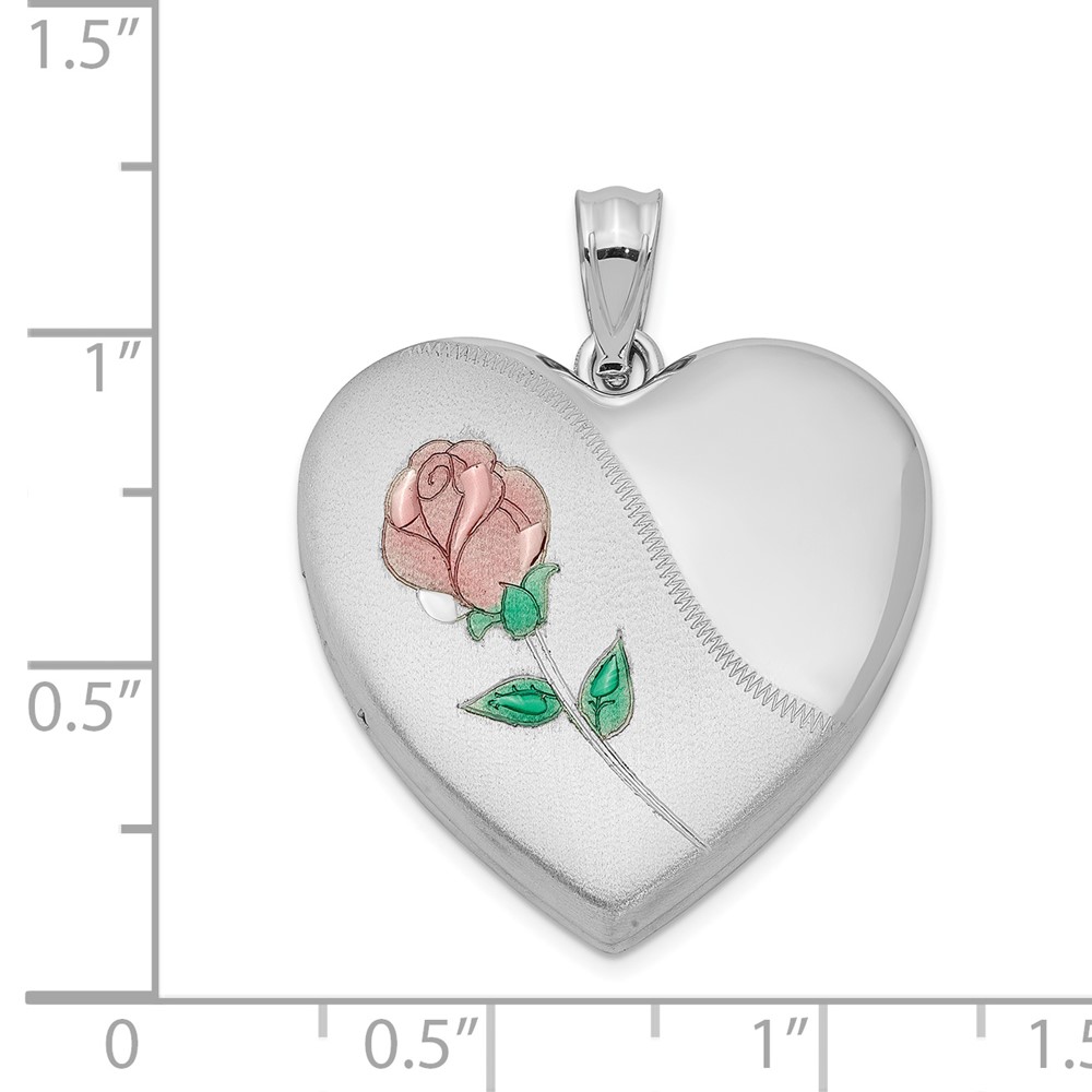 Sterling Silver Rhodium-plated 24mm Satin Enameled & D/C Rose Locket (QLS415)