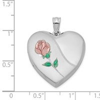 Sterling Silver Rhodium-plated Satin Pink and Green Enameled Rose 24mm Heart Locket view 4