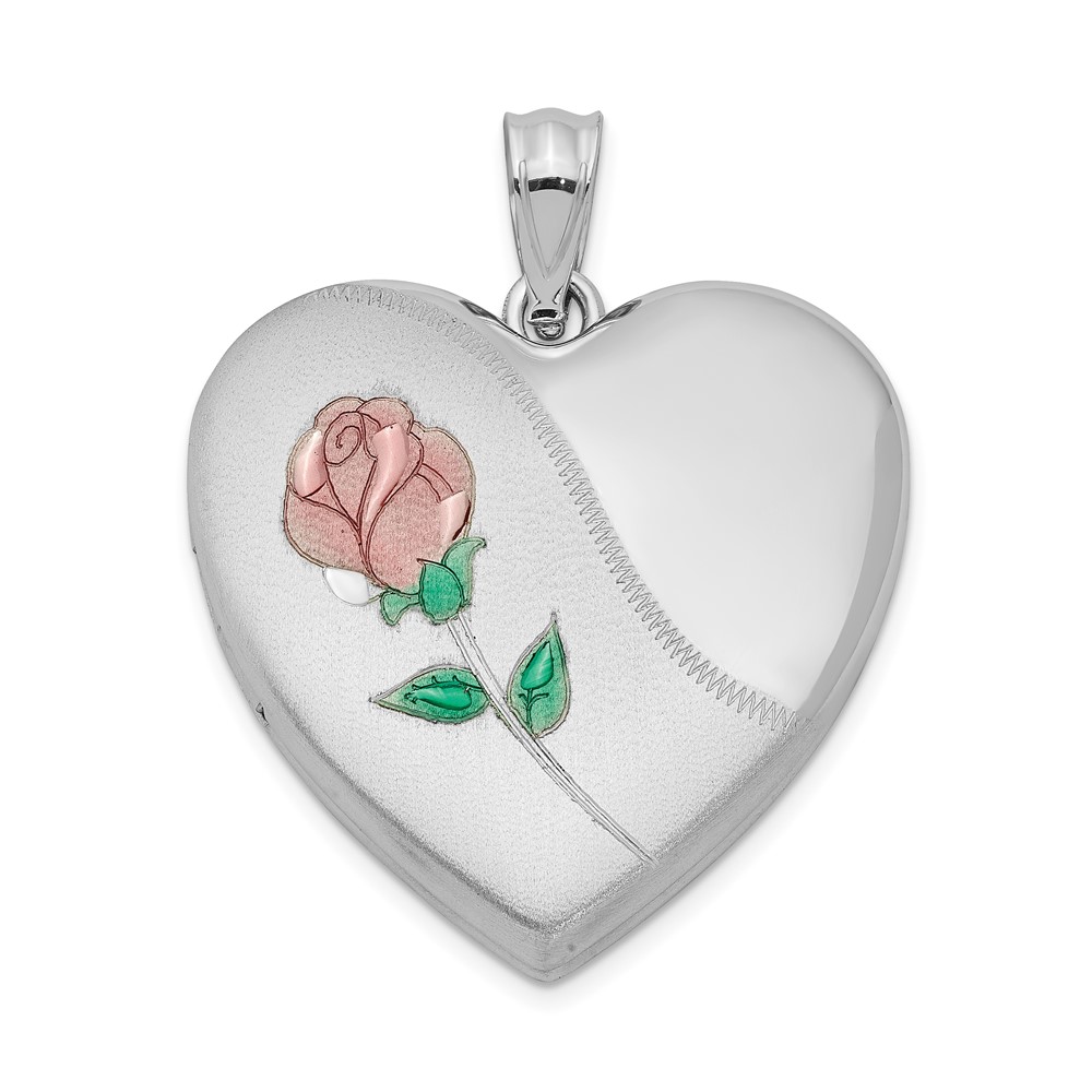 Sterling Silver Rhodium-plated 24mm Satin Enameled & D/C Rose Locket (QLS415)