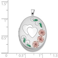 Sterling Silver Rhodium-plated Satin Pink and Green Enamel Diamond-cut Floral and Heart 26mm Oval Locket view 4