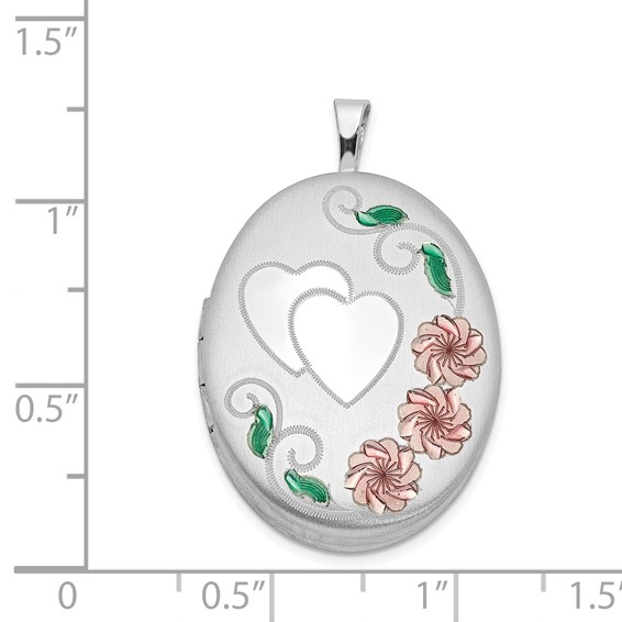Sterling Silver Rhod-plated Satin Enamel & D/C Floral & Heart Oval Locket