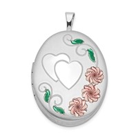 Sterling Silver Rhodium-plated Satin Pink and Green Enamel Diamond-cut Floral and Heart 26mm Oval Locket view 1