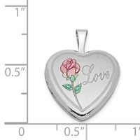 Sterling Silver Rhodium-plated Pink and Green Enameled Rose with Love 16mm Heart Locket view 4